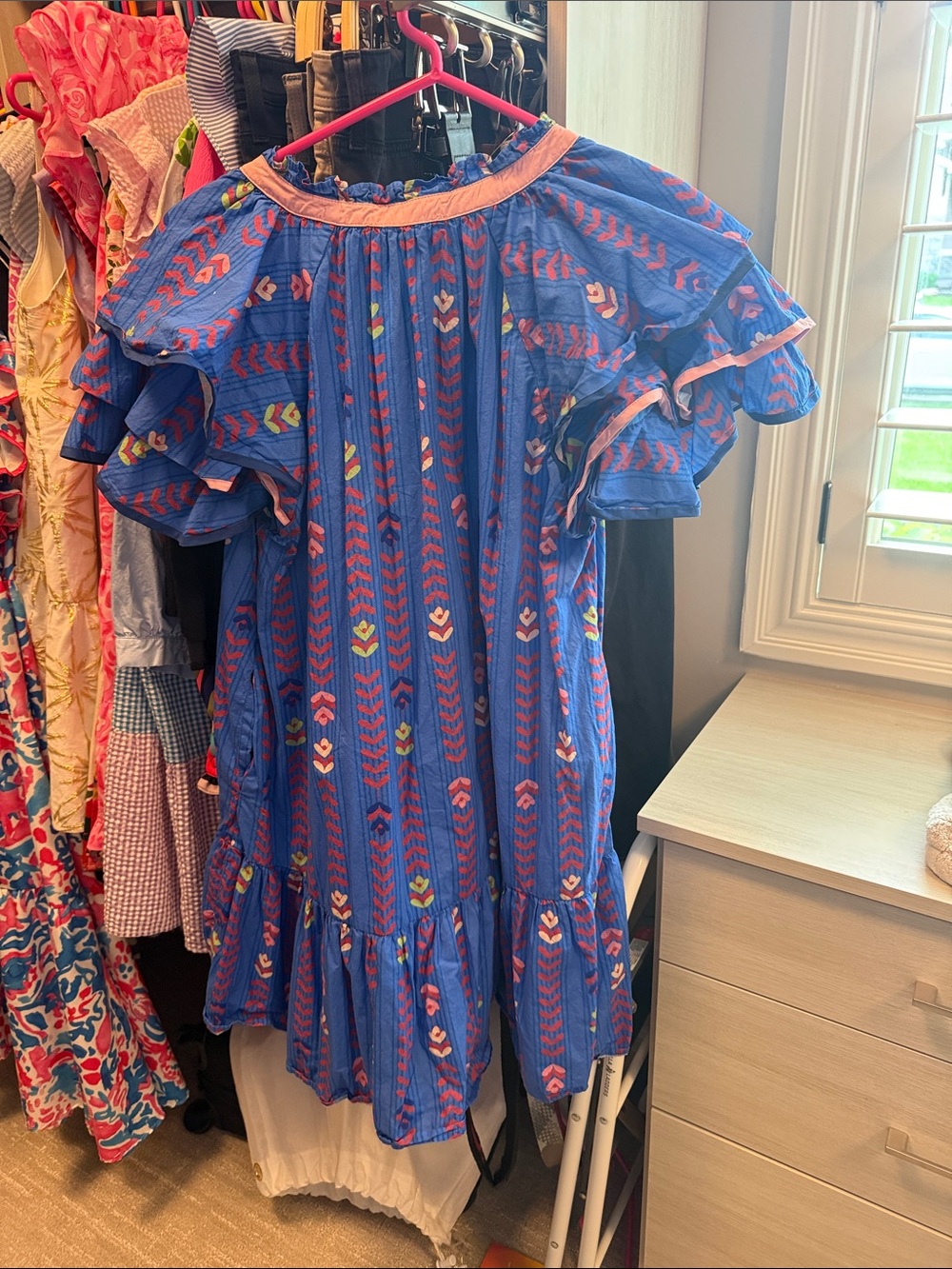 Umgee Blue Tunic Dress with Pink Trim and Multicolor Chevron Detail - Picture 3 of 3